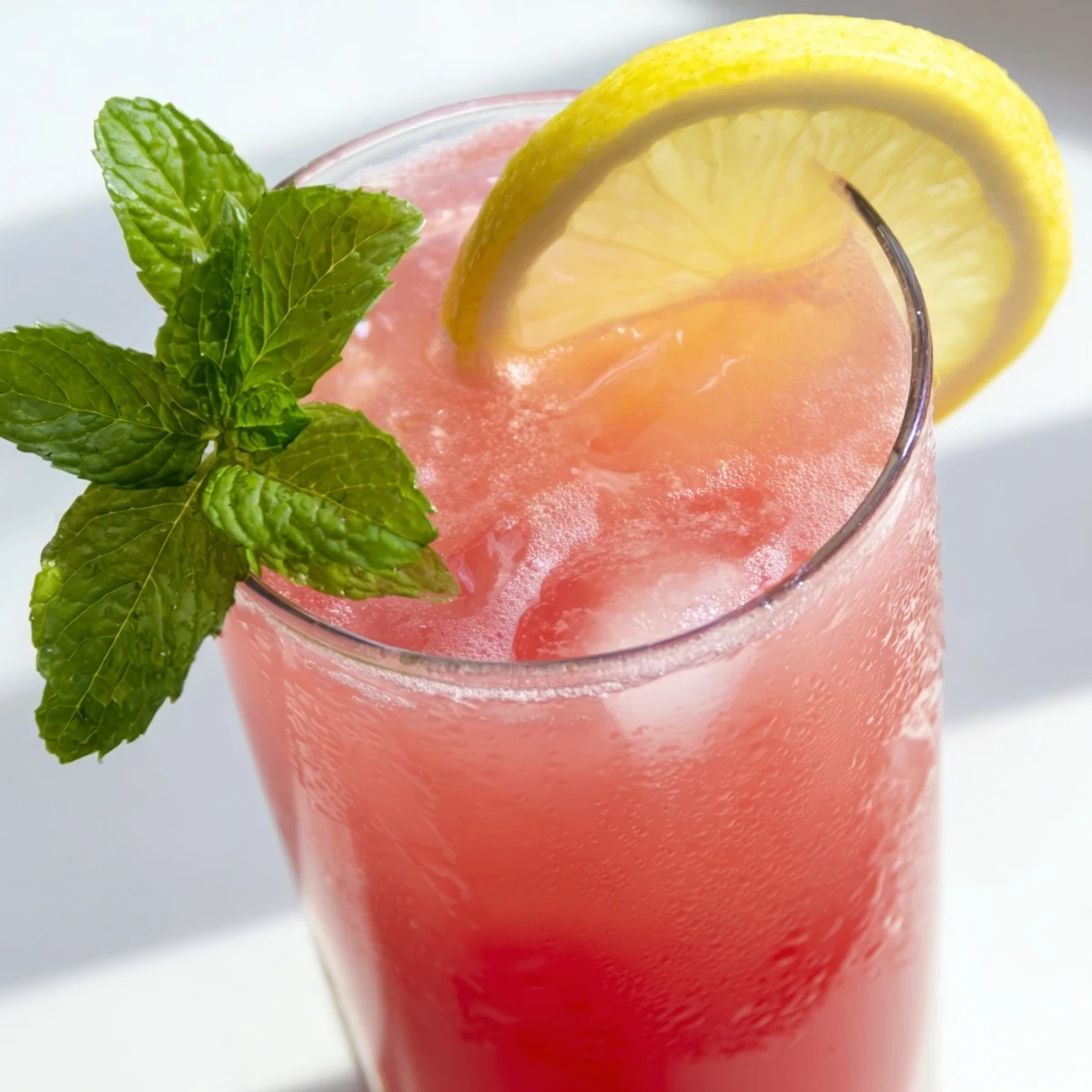 Tall glass of sweet watermelon lemonade with ice cubes and fresh mint floating on top