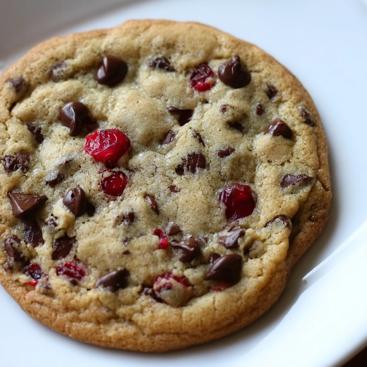 Golden brown Maraschino cherry chocolate chip cookies with bright red cherry pieces and melted chocolate chips on a white plate
