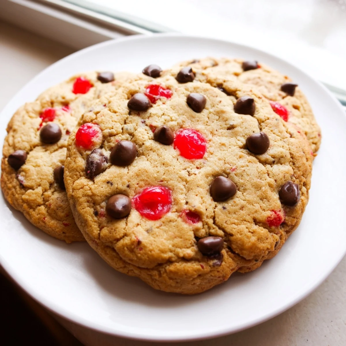 Soft chewy Maraschino cherry chocolate chip cookies featuring scattered red cherries and rich chocolate chunks on a baking sheet