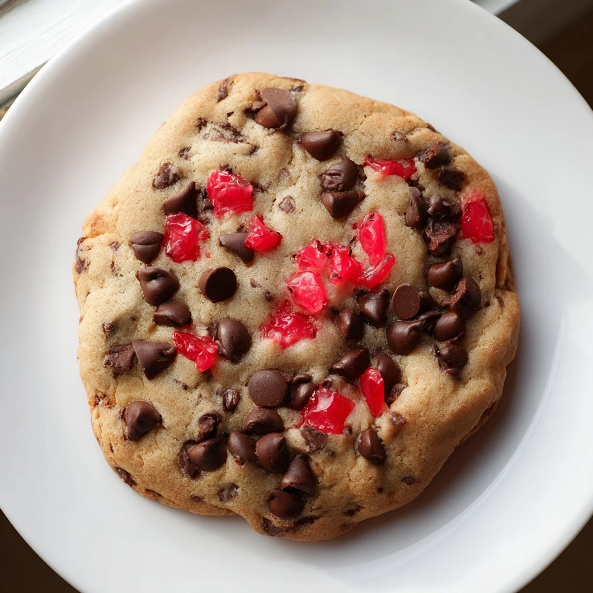 Freshly baked Maraschino cherry chocolate chip cookies showing gooey chocolate chips and vibrant red cherry bits on a wire cooling rack
