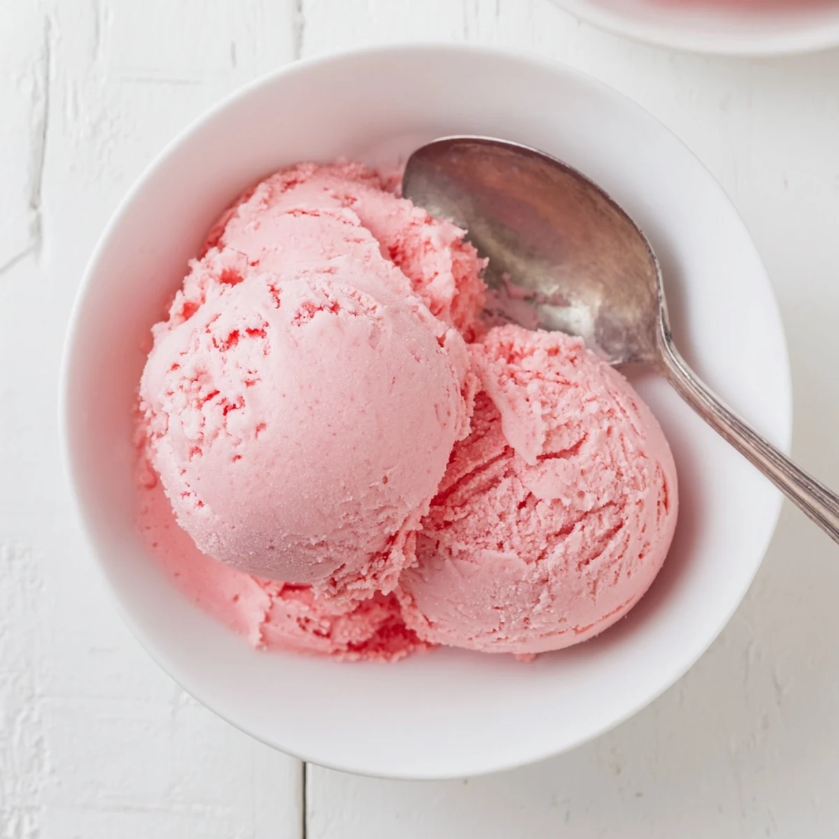 Vibrant pink watermelon ice cream dessert melting slightly on a white plate with lime wedge garnish
