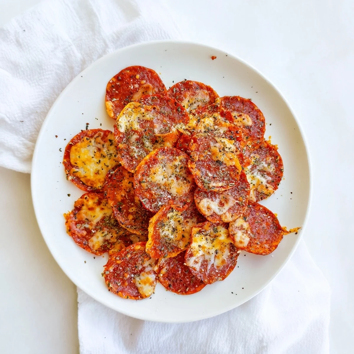 Savory low-carb pepperoni chips featuring golden cheese topping and optional Italian herbs on a white serving plate
