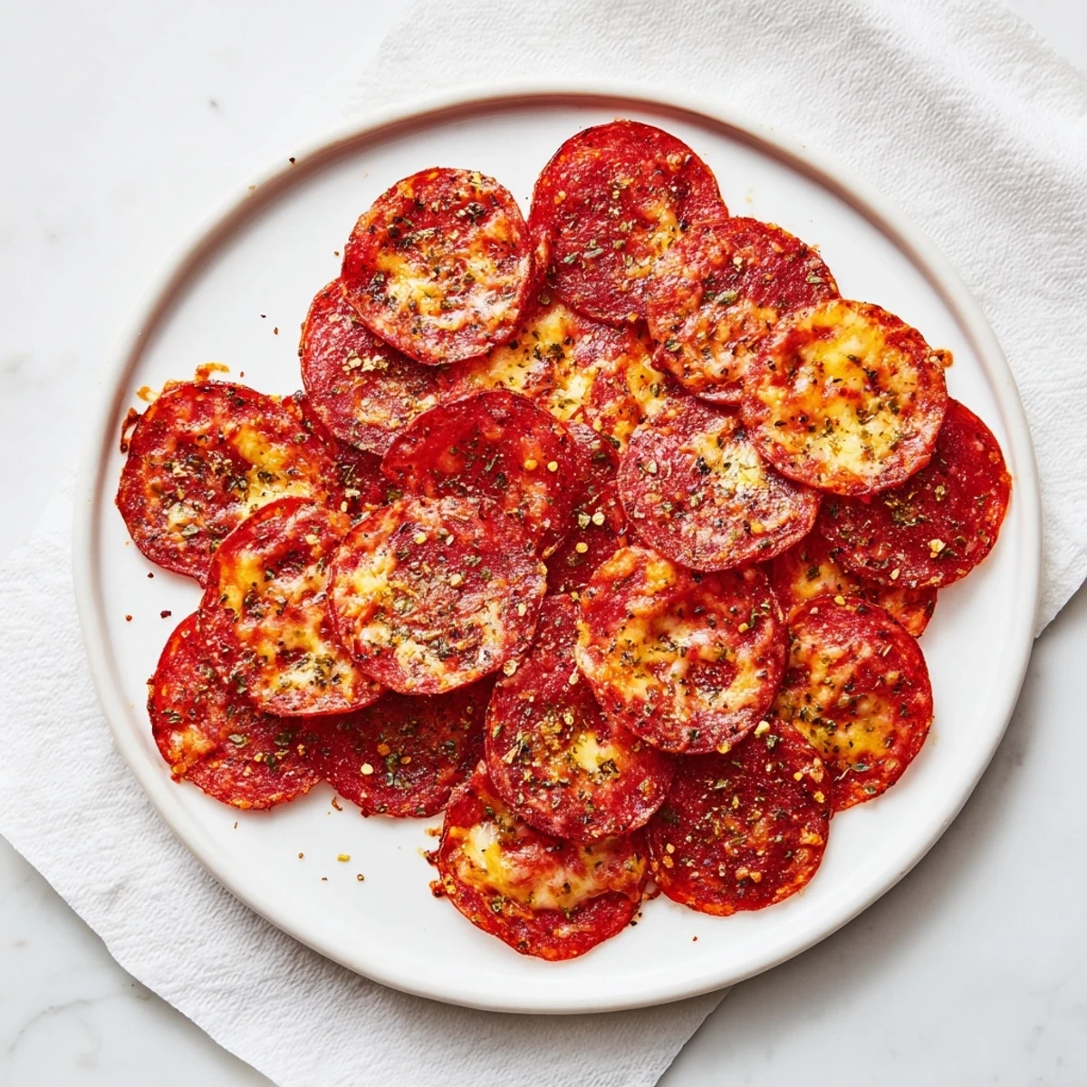 Golden crispy pepperoni cheese chips bubbling with melted cheddar and mozzarella on a parchment-lined baking sheet