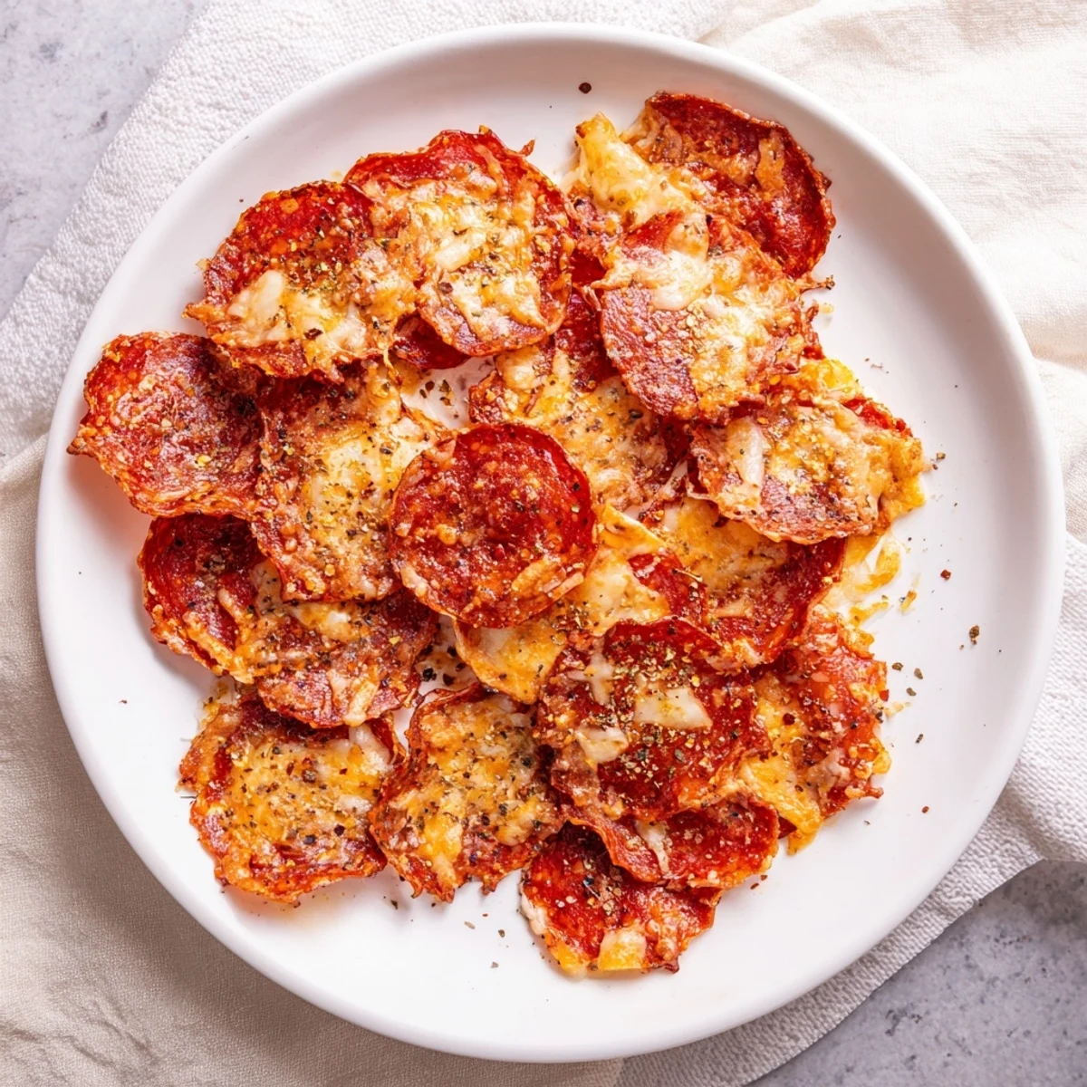 Homemade crispy pepperoni cheese chips arranged in a pile showcasing crunchy edges and gooey melted cheese centers