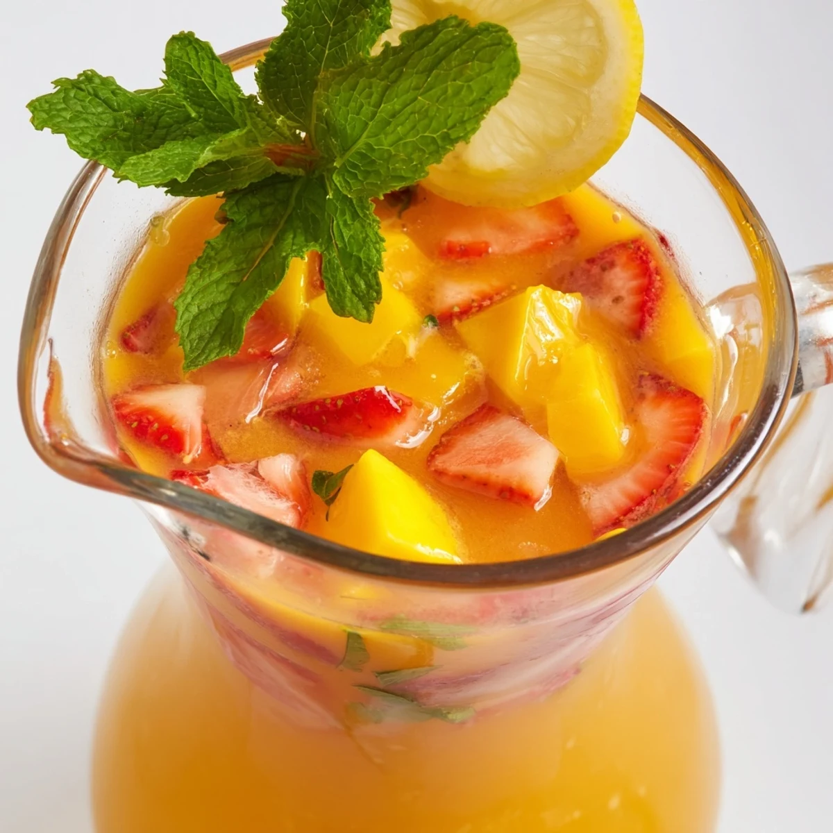 Vibrant refreshing mango strawberry lemonade layered with red fruit slices and lemon wheels on a rustic kitchen counter with natural light