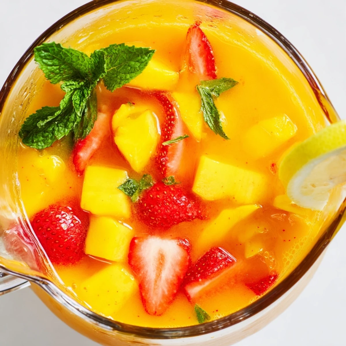 Golden mango strawberry lemonade in a glass pitcher garnished with fresh mint leaves and floating ice cubes on a sunny wooden table