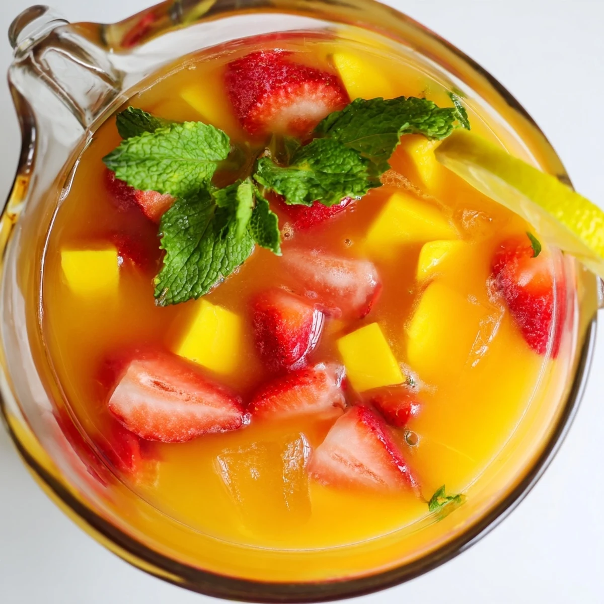 Tall glass of chilled mango strawberry lemonade with colorful fruit garnish and condensation droplets against a bright summer background