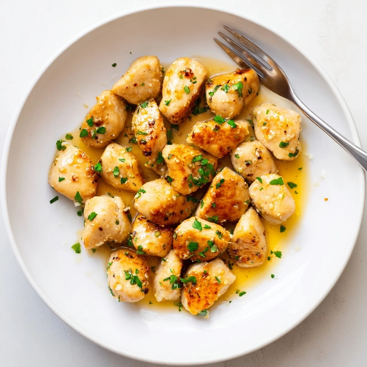 Tender pan-fried chicken pieces coated in rich garlic butter sauce on a white plate