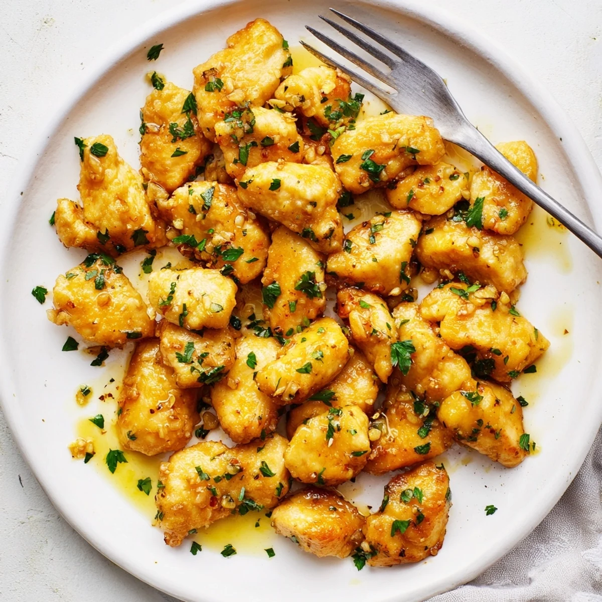Juicy seasoned chicken bites tossed in melted butter with minced garlic and green parsley sprinkles