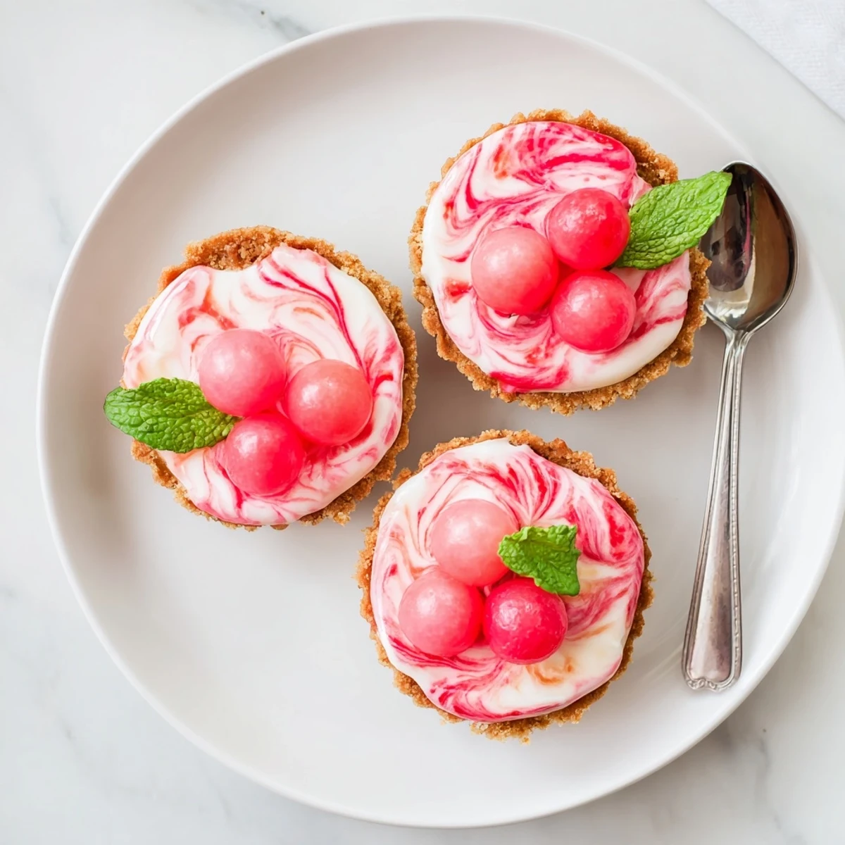 Pink frozen watermelon lemon cream tarts in graham cracker shells topped with fresh mint leaves