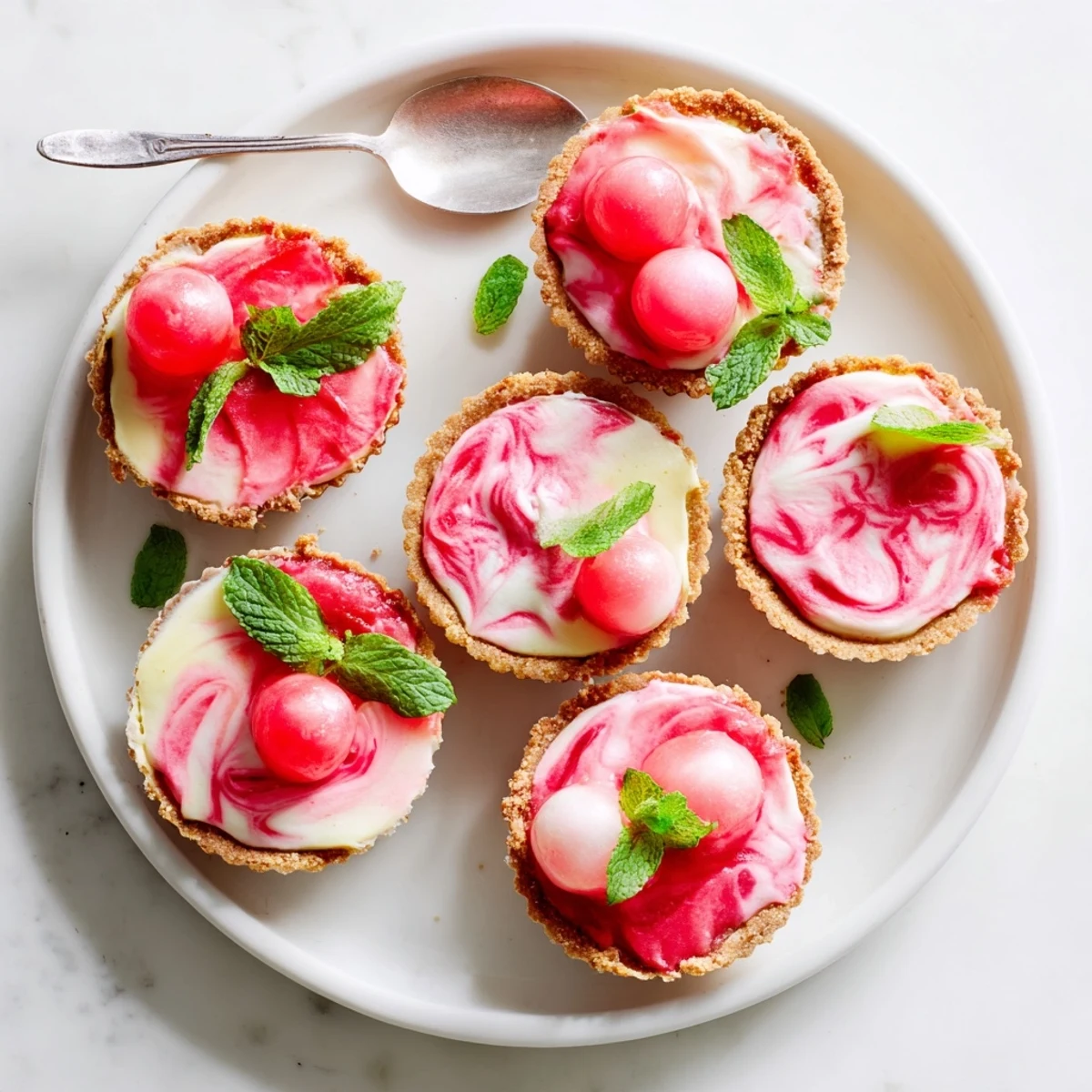 Swirled watermelon and lemon cream frozen tart dessert with zest garnish on white plate