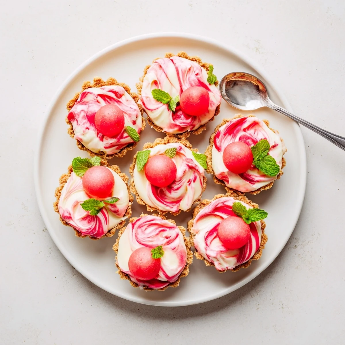 Summer frozen watermelon lemon cream tarts with marbled layers and graham cracker crust