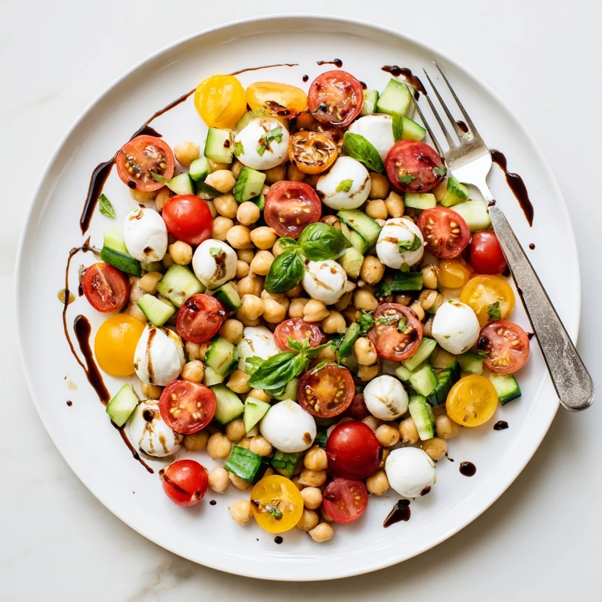 High protein Caprese chickpea salad featuring juicy tomatoes, creamy mozzarella, and fresh basil leaves