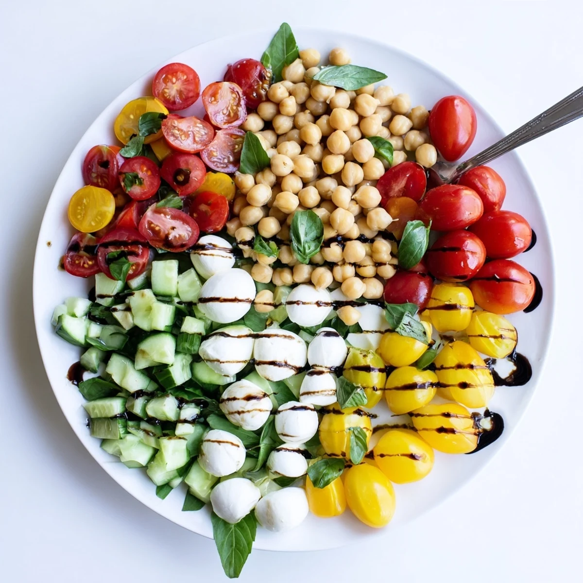 Protein-packed Caprese salad with chickpeas, halved cherry tomatoes, and torn fresh basil on white plate