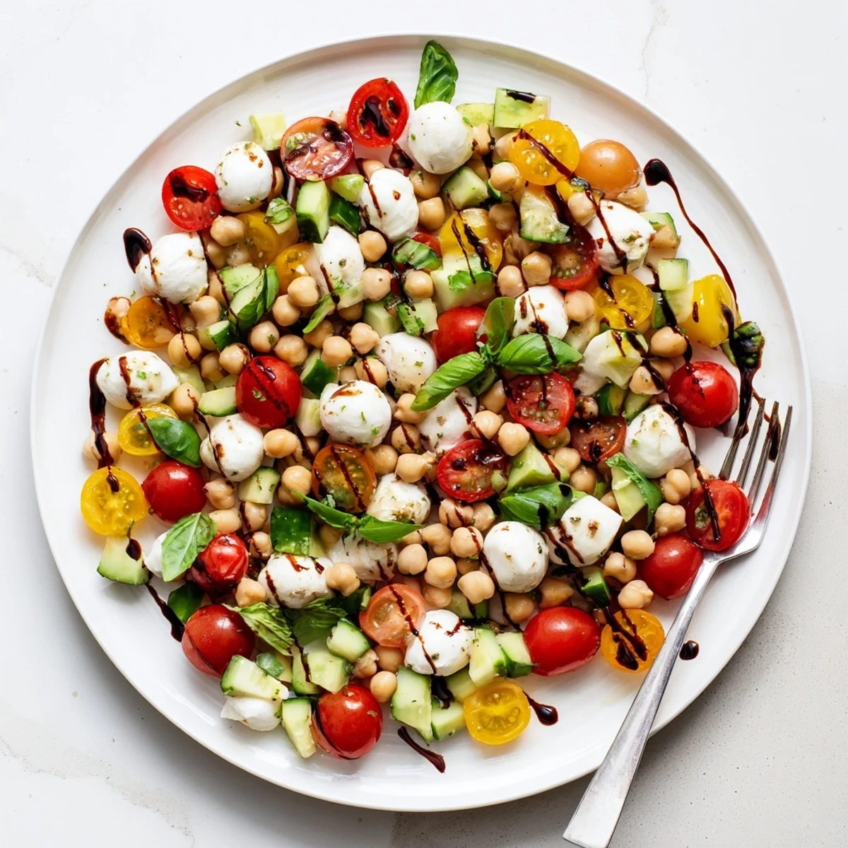 Vibrant Caprese chickpea bowl drizzled with balsamic glaze and dotted with pearl mozzarella balls