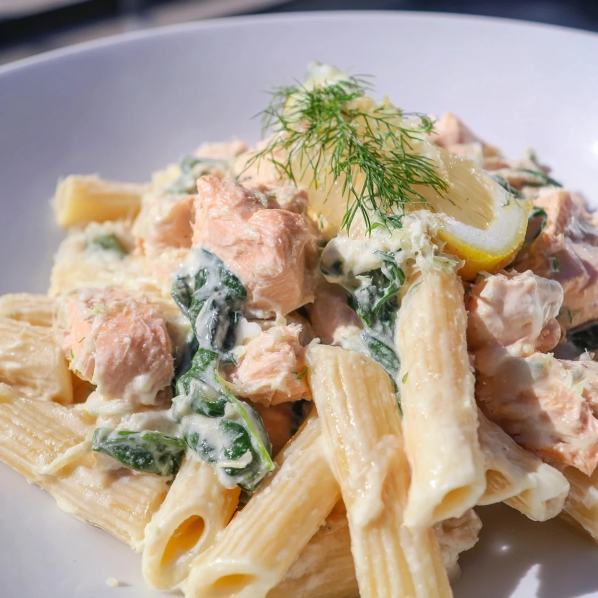 Golden penne pasta tossed in velvety cream sauce with flaky pink salmon pieces and fresh green herbs
