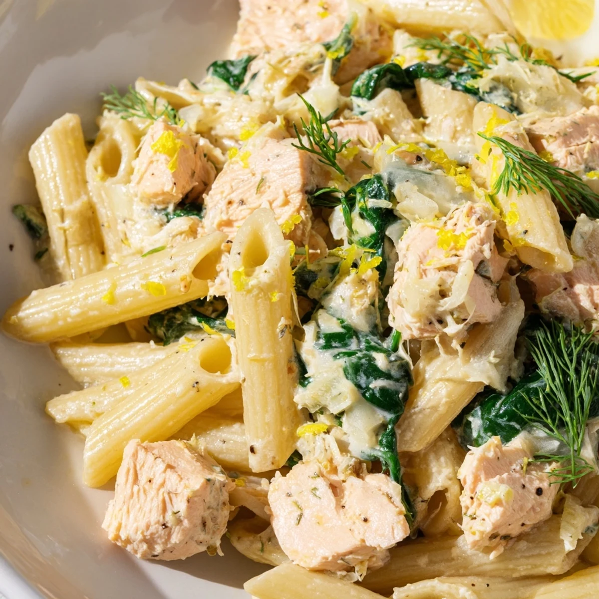 Close-up of tender salmon bites folded into penne pasta with silky white cream sauce and chopped dill garnish