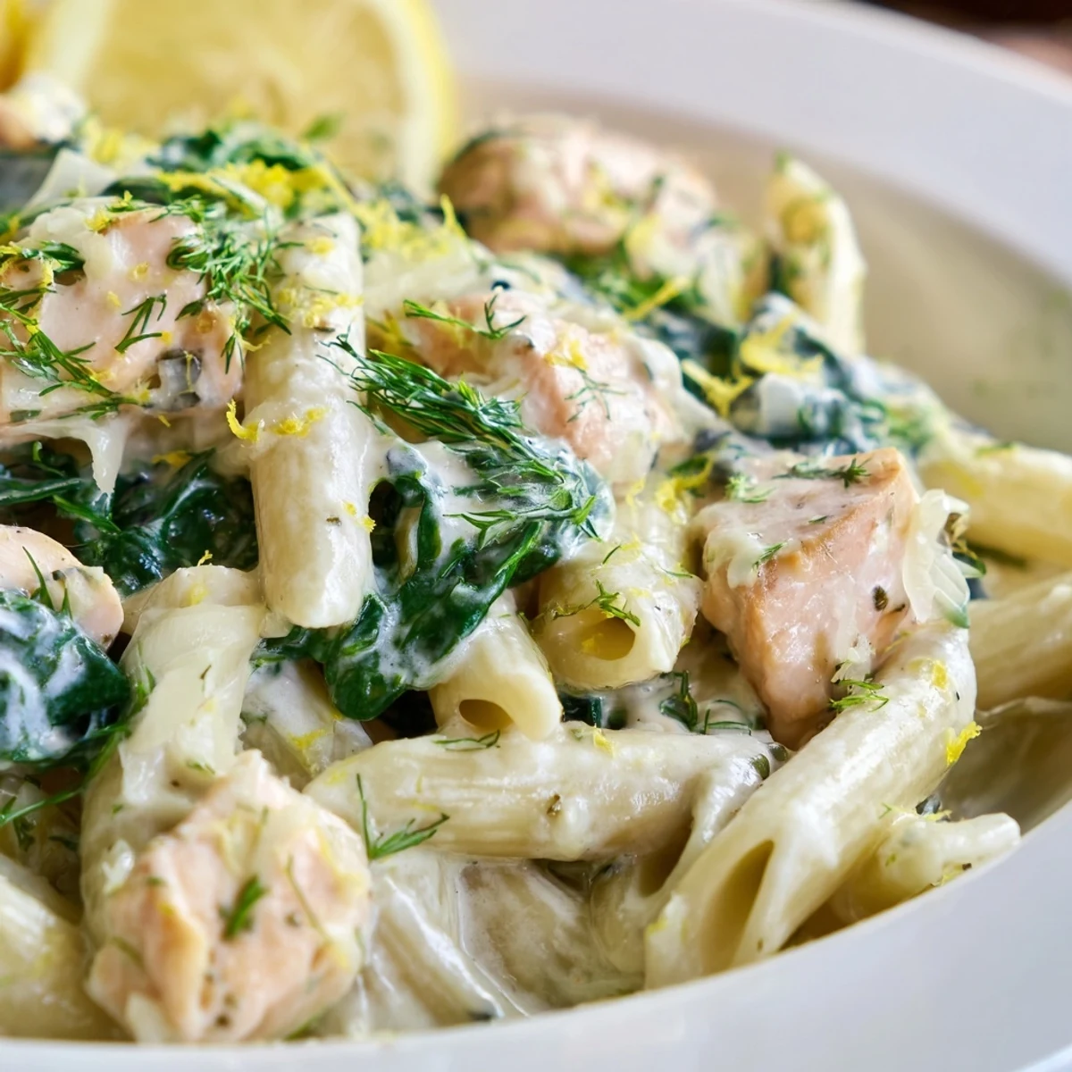 Creamy salmon penne plated on white dish featuring al dente pasta noodles in rich lemon parmesan sauce