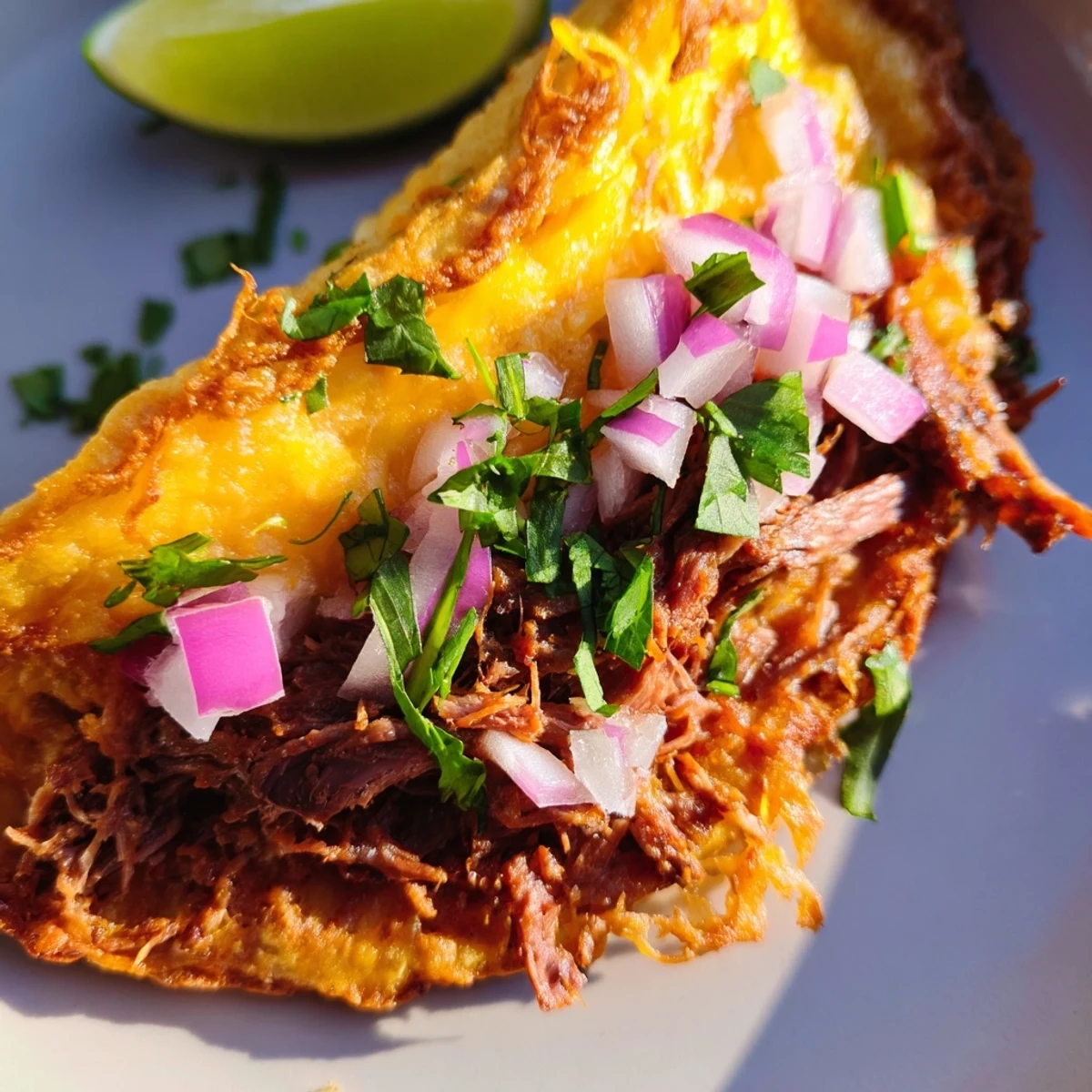 Golden crispy cheese tortilla overflowing with tender shredded beef tacos topped with fresh cilantro and diced red onion