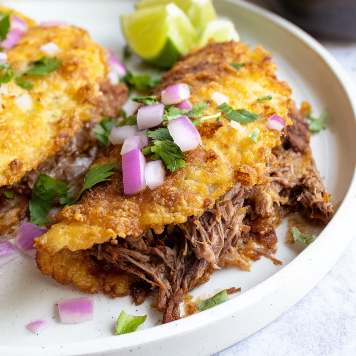 Mouthwatering shredded beef tacos recipe featuring crispy fried cheese shells with zesty lime wedges and creamy avocado garnish