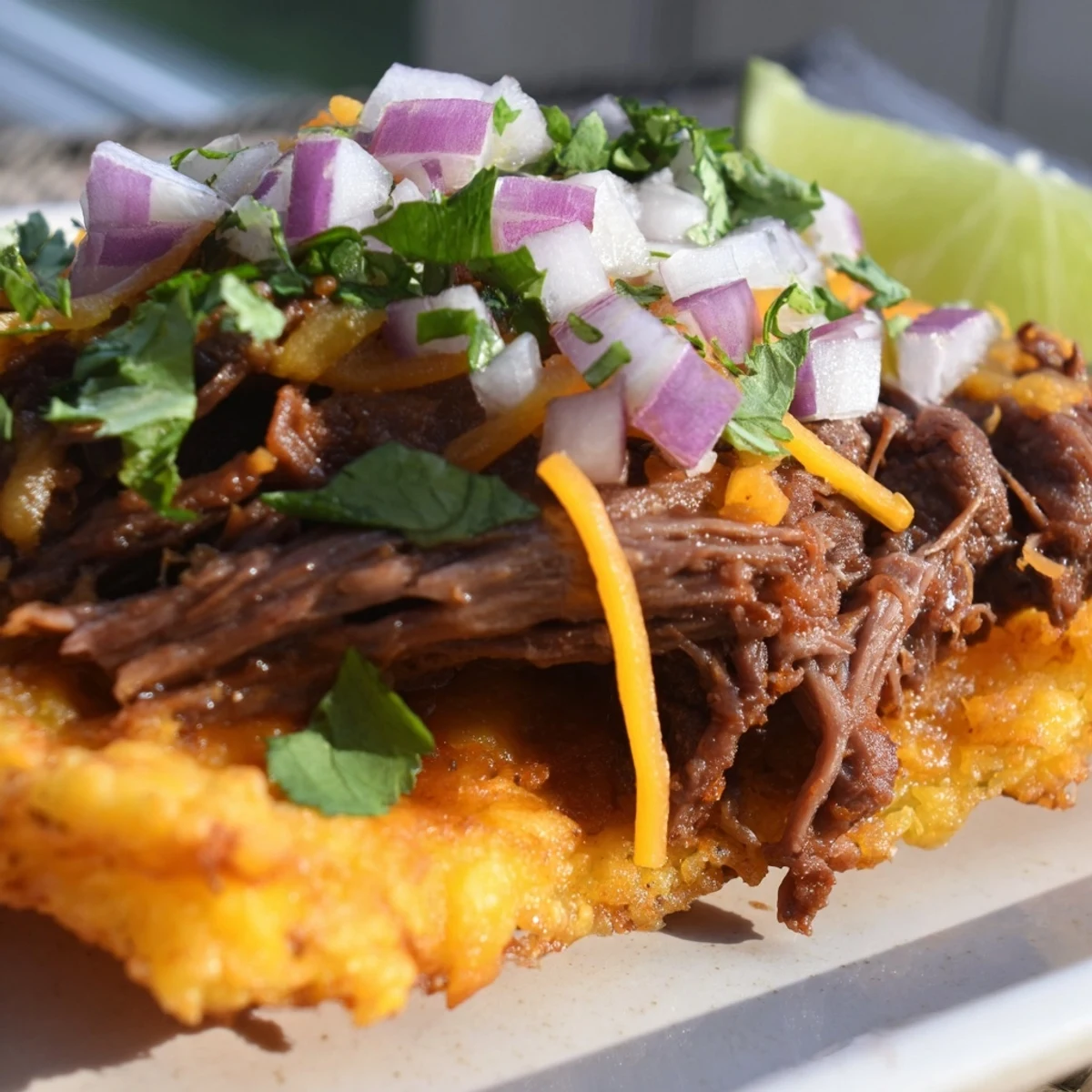 Close-up of Mexican shredded beef tacos nestled in golden crunchy cheese tortillas topped with vibrant cilantro and salsa