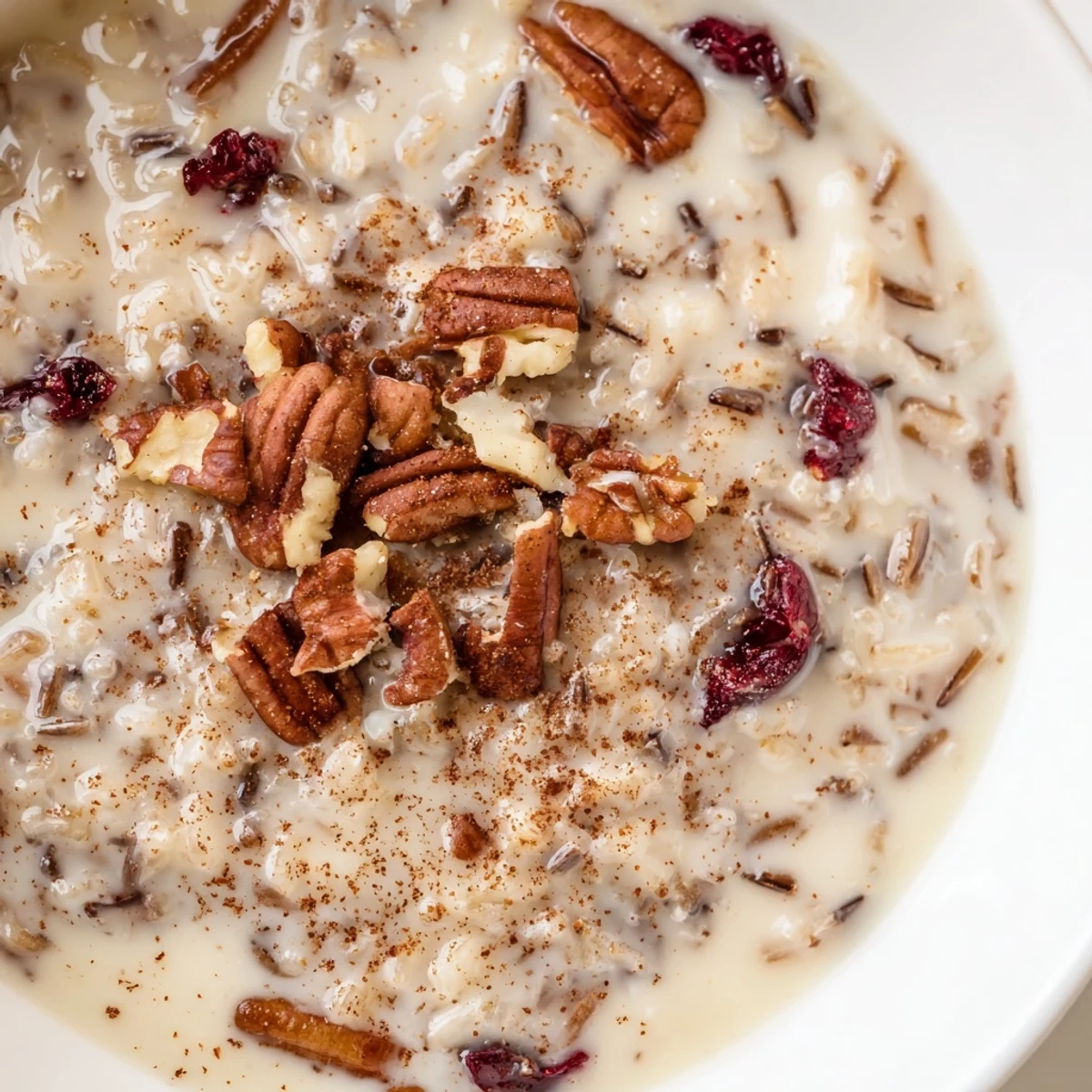 Creamy wild rice porridge bowl topped with fresh berries, crunchy pecans, and warm cinnamon spice
