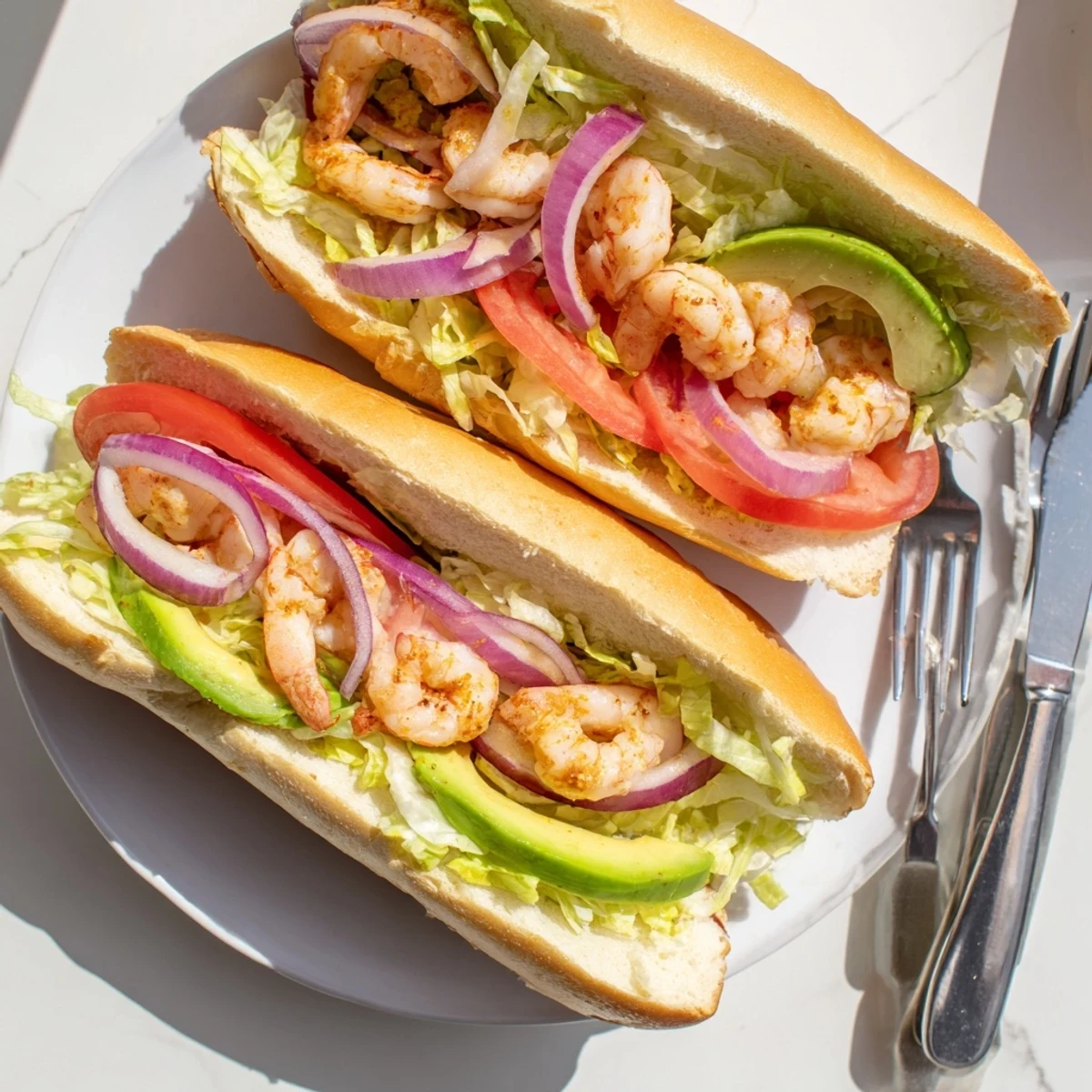 Golden sautéed shrimp piled high on toasted rolls with crisp lettuce and creamy avocado slices