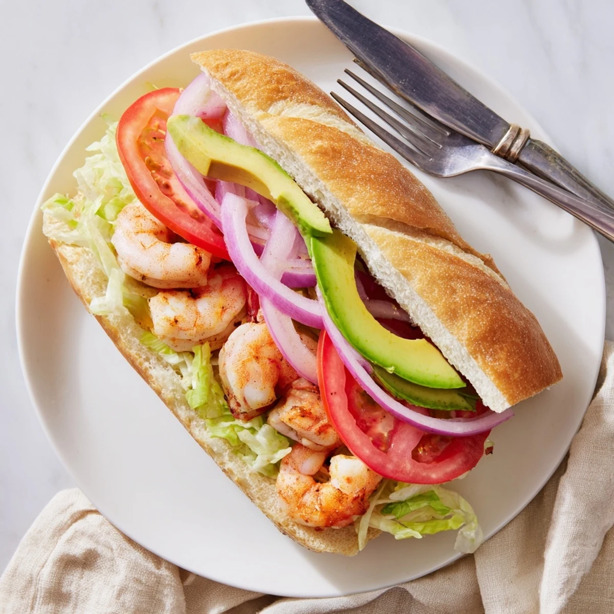 Delicious shrimp sandwich recipe featuring spiced seafood layered with fresh tomato and zesty mayo mustard sauce