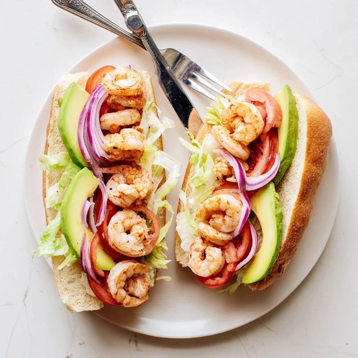 Tasty shrimp sandwich overflowing with vegetables on buttery toasted bun served for satisfying lunch
