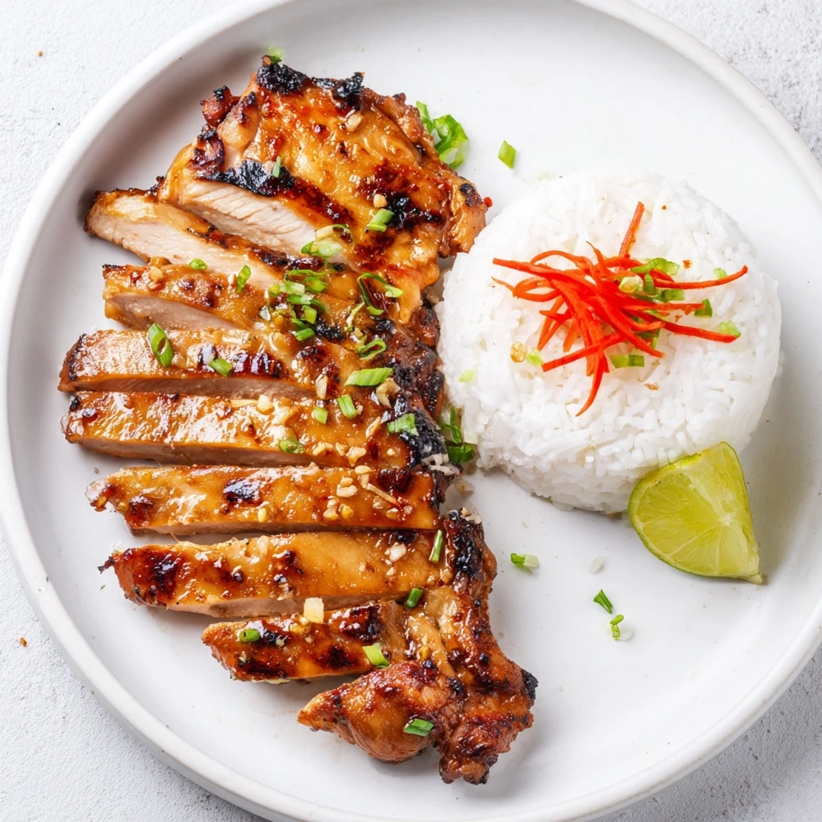 Charred, fragrant lemongrass and lime wedges atop Grilled Vietnamese Chicken