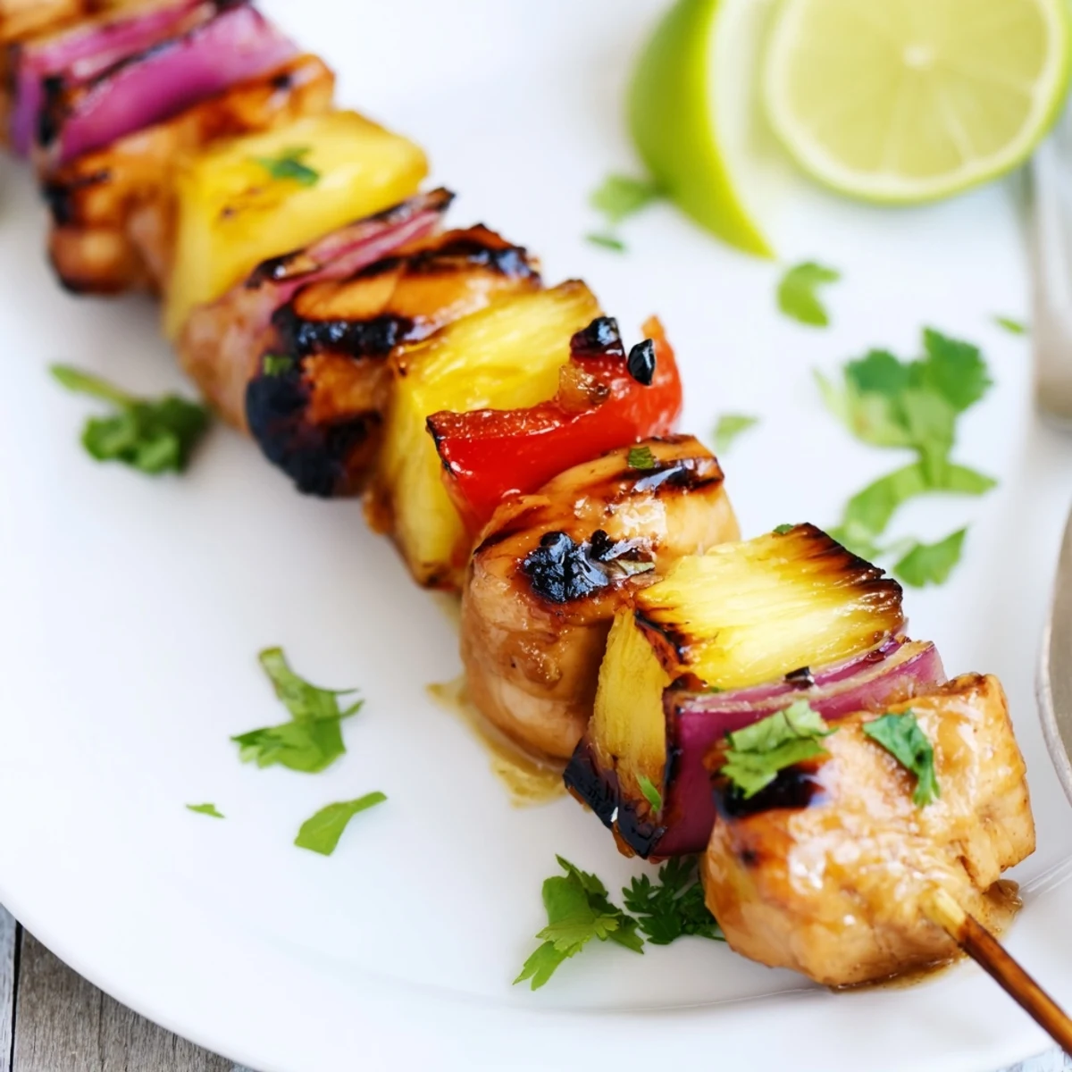 Skewers sizzling over flames: smoky, tangy Grilled Pineapple Chicken Kabobs served with lime
