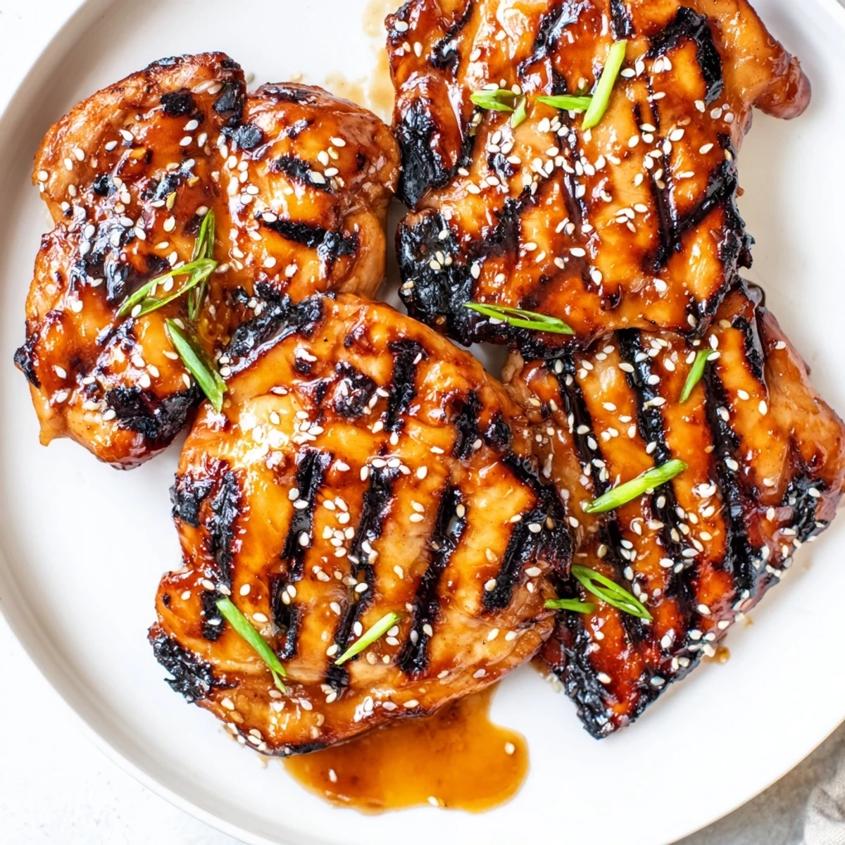 Grilled Japanese BBQ Chicken Thighs glazed with sticky sweet-salty sauce, sesame, scallions