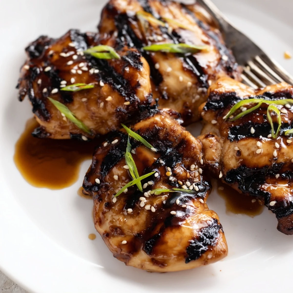 Juicy Japanese BBQ Chicken Thighs charred at edges, brushed with reduced marinade