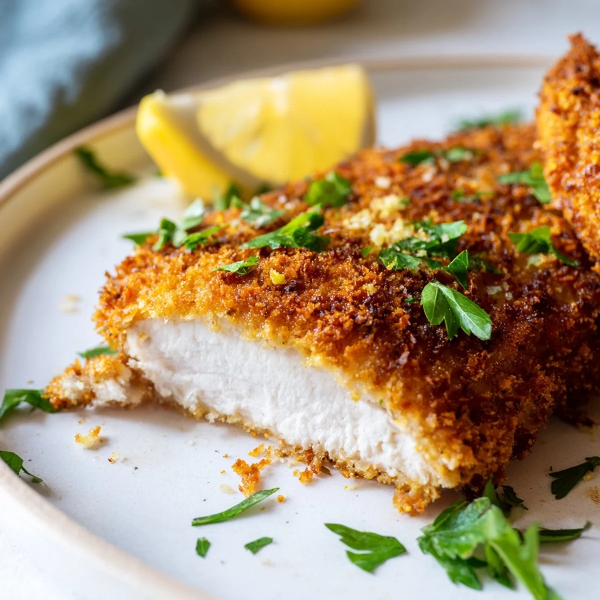Golden crunchy lemon chicken breast with crispy panko coating and fresh parsley garnish on white plate