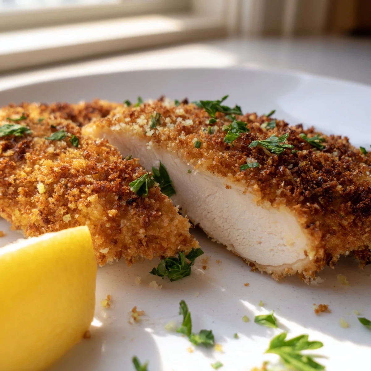 Baked golden lemon chicken with thick crunchy crust resting on wire rack after cooking to perfection
