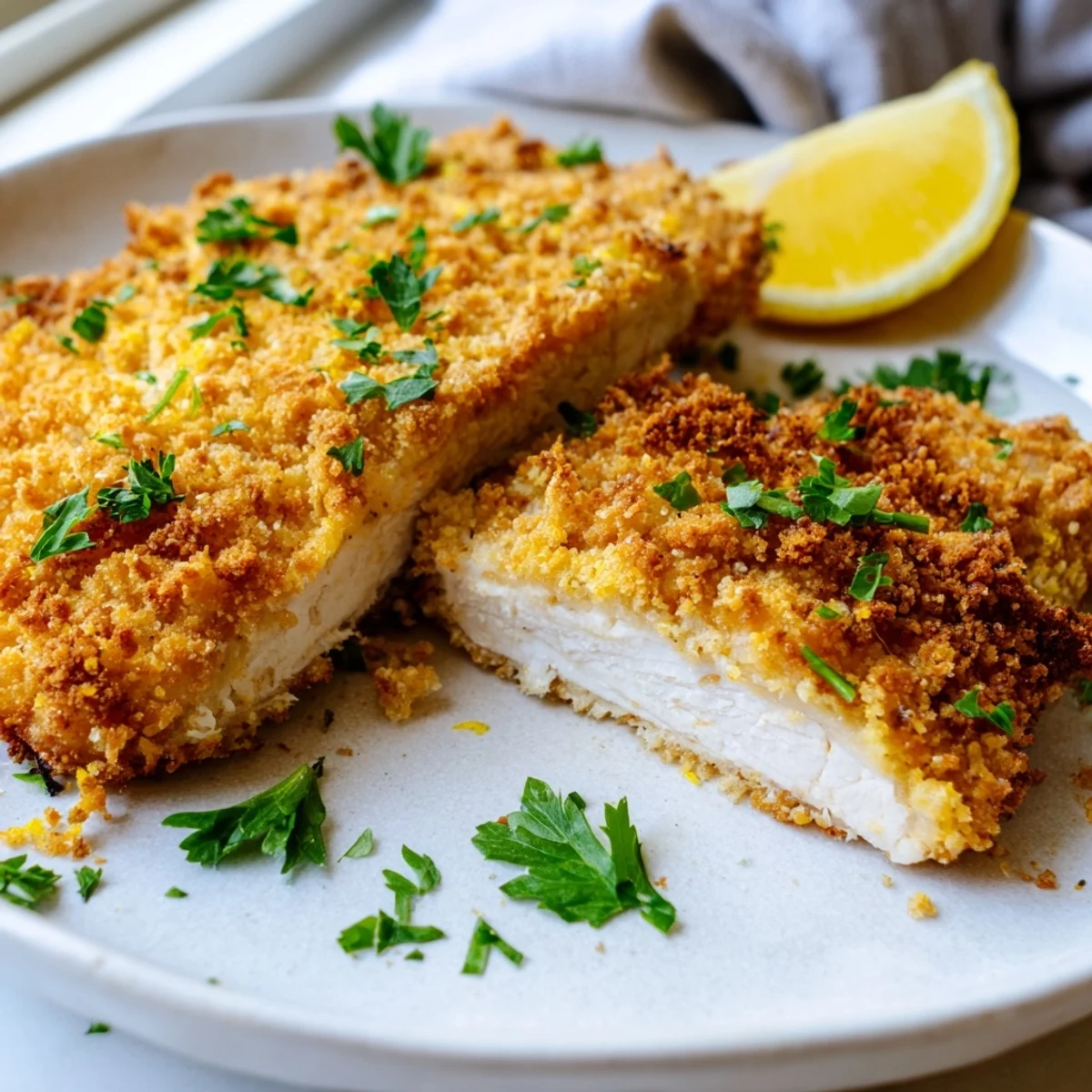 Crispy fried lemon chicken pieces with golden brown breading served alongside bright lemon wedges for extra citrus