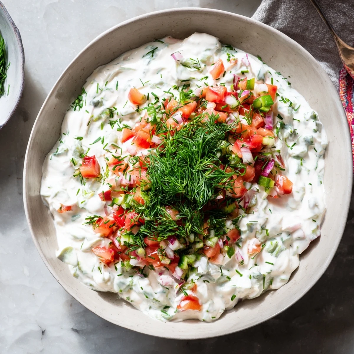 Creamy Grillos pickle de gallo ranch dip served in white bowl with colorful vegetable sticks