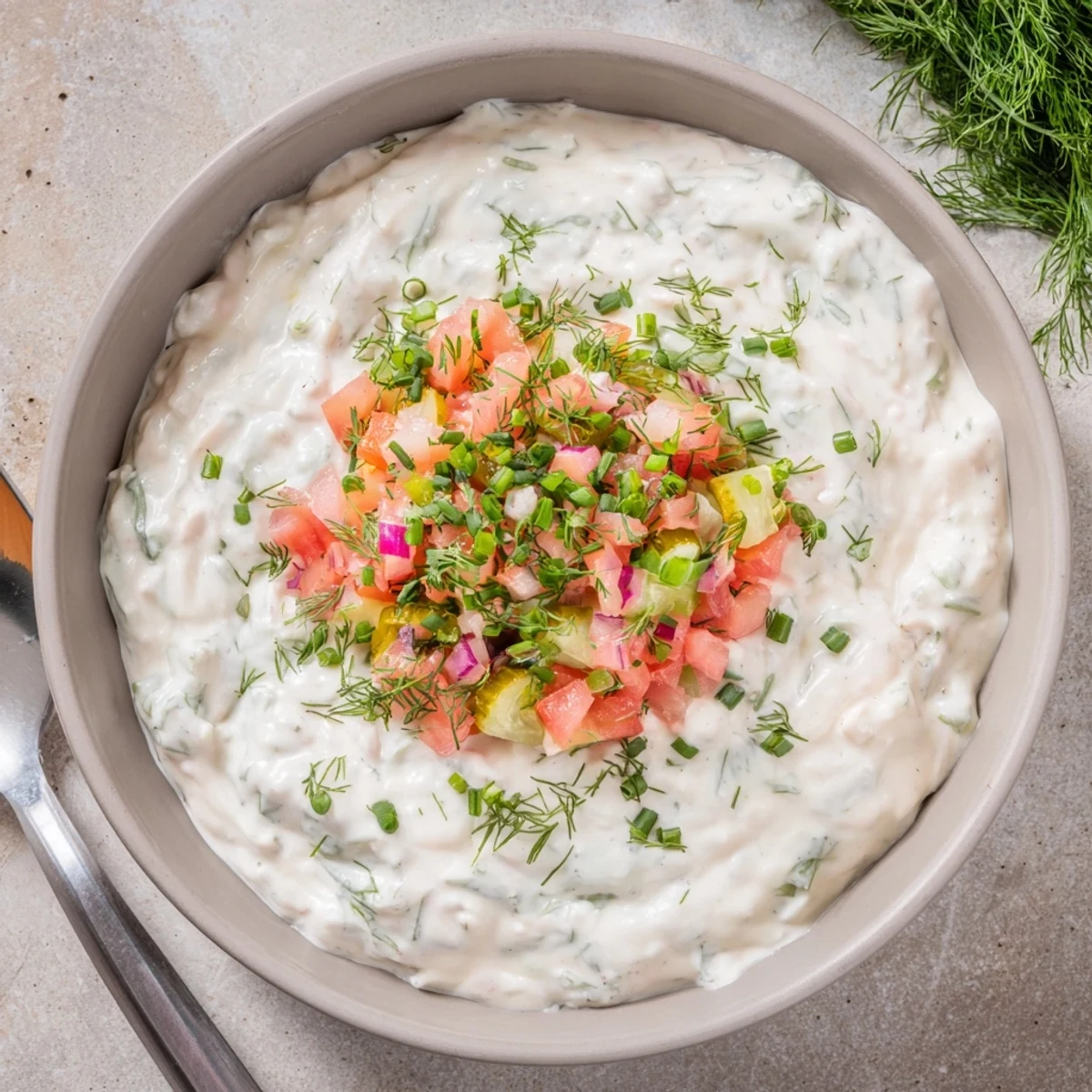 White bowl filled with zesty Grillos pickle de gallo ranch dip garnished with fresh herbs