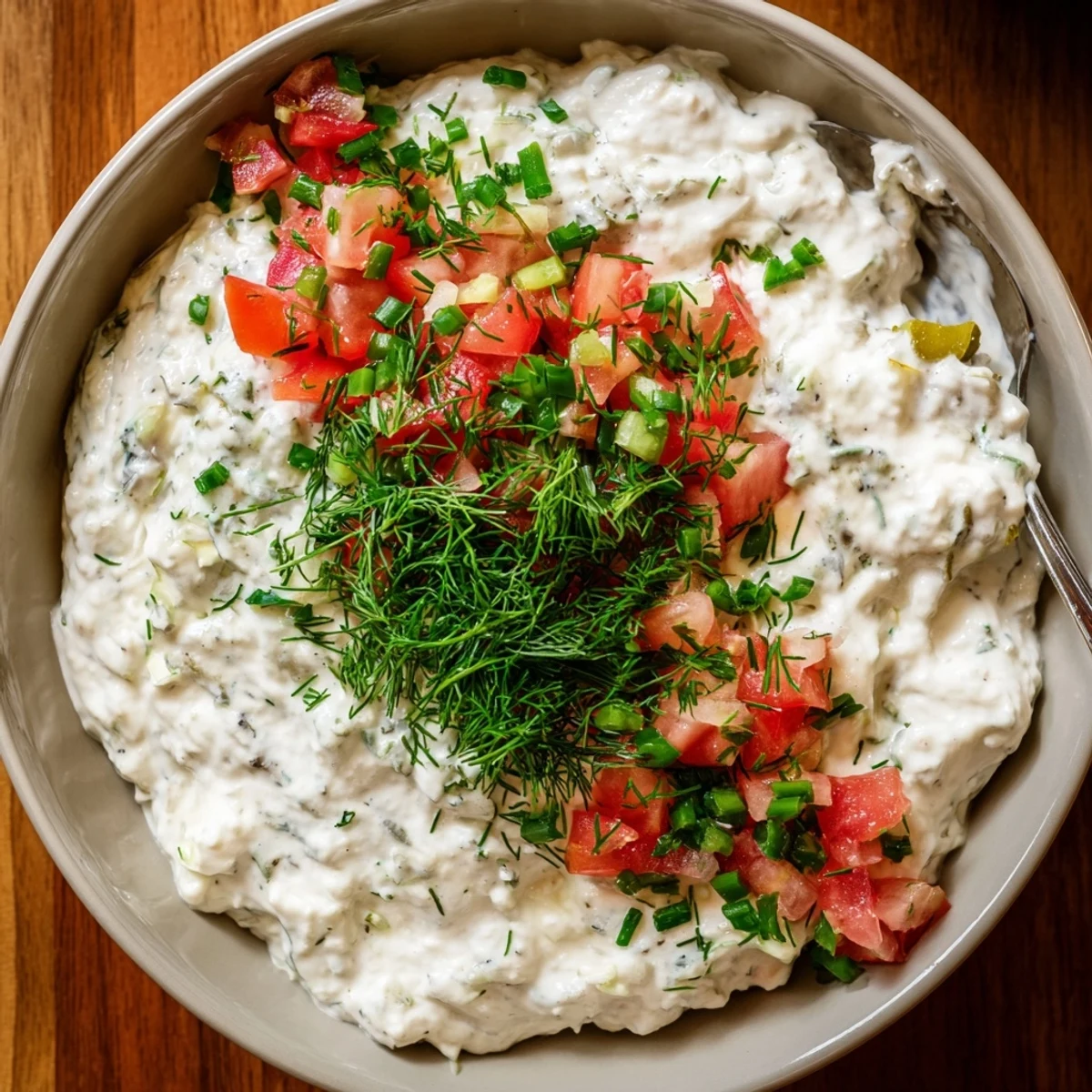 Close-up of creamy Grillos pickle de gallo ranch dip surrounded by crispy tortilla chips and veggies