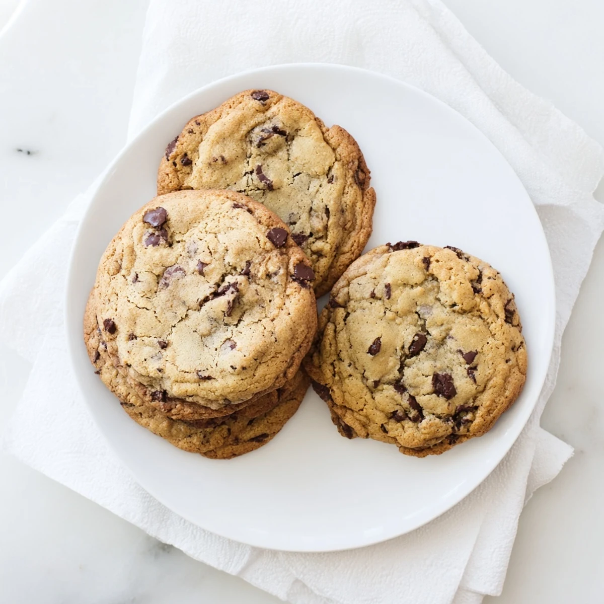 Golden chewy chocolate chip cookies fresh from the oven with melting chocolate puddles