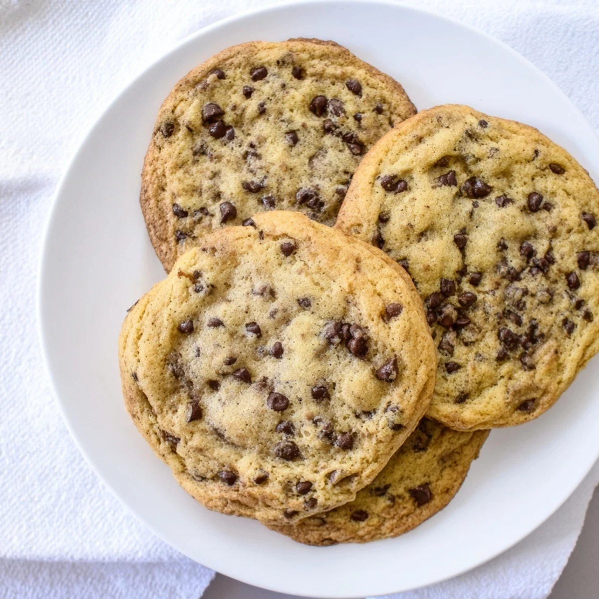 Stack of soft thick chocolate chip cookies bursting with semisweet chips on a white plate