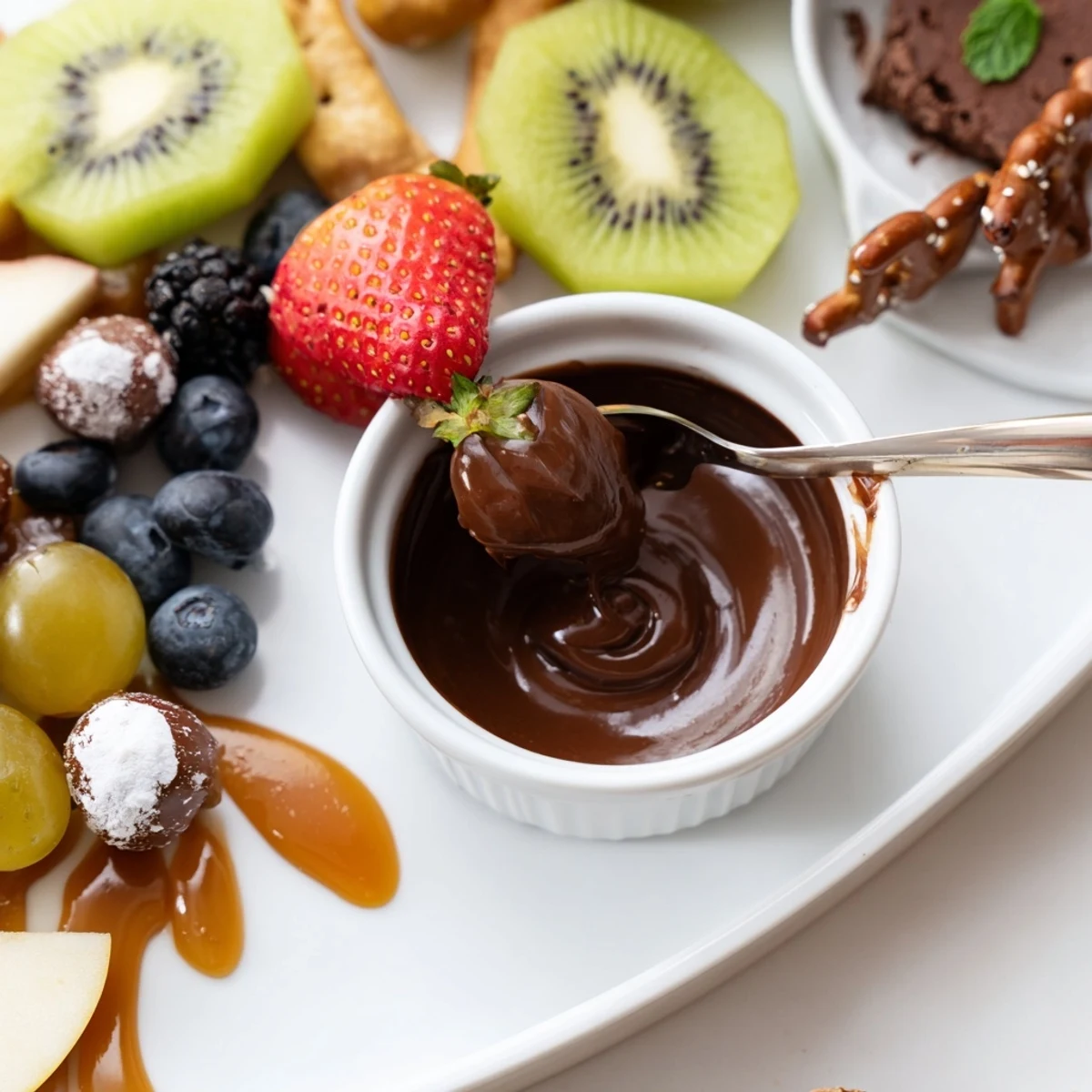 Dessert Charcuterie Board with colorful berries, chocolates, and dipping sauces ready