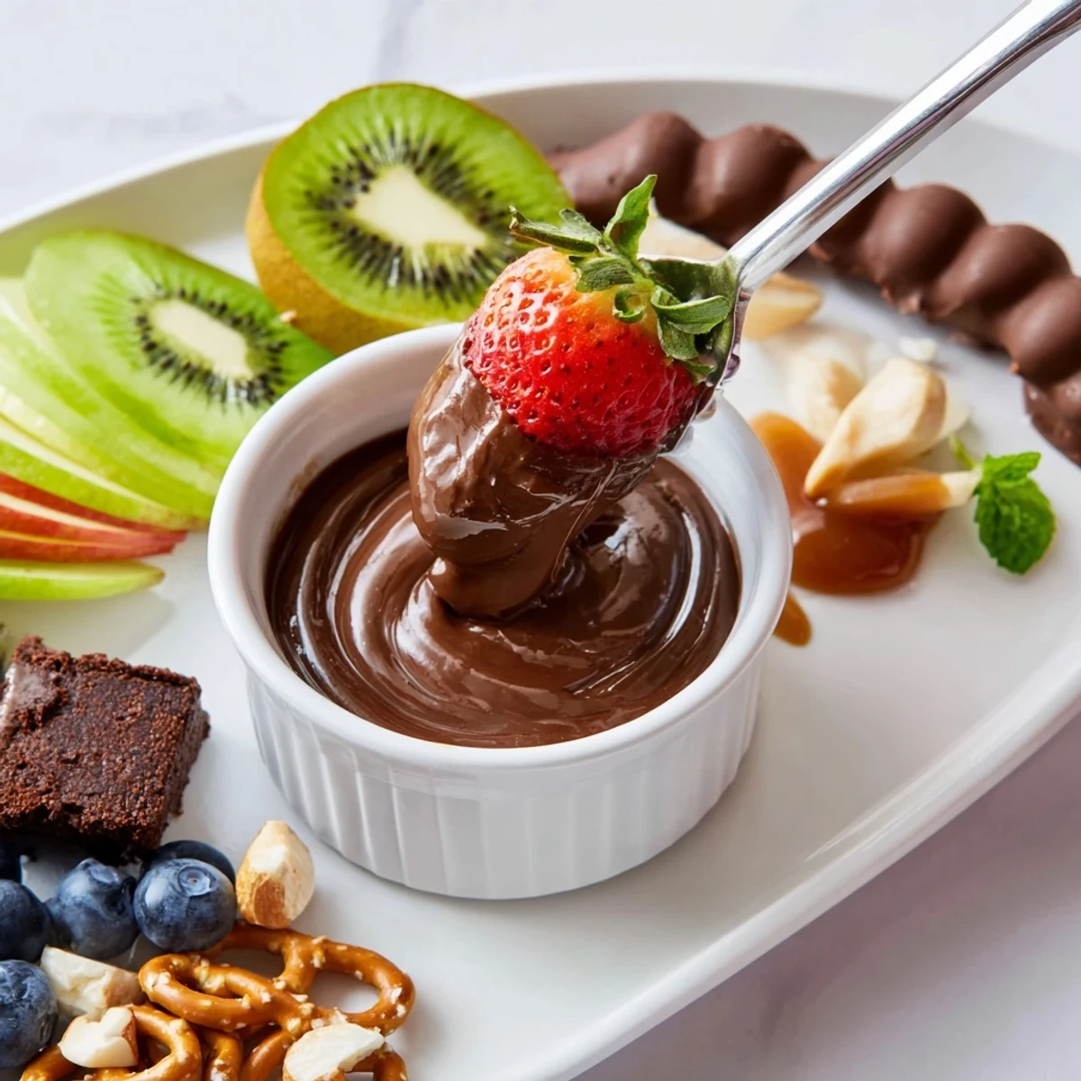 Layered textures on a Dessert Charcuterie Board: gooey Nutella, crunchy pretzels, fresh mint