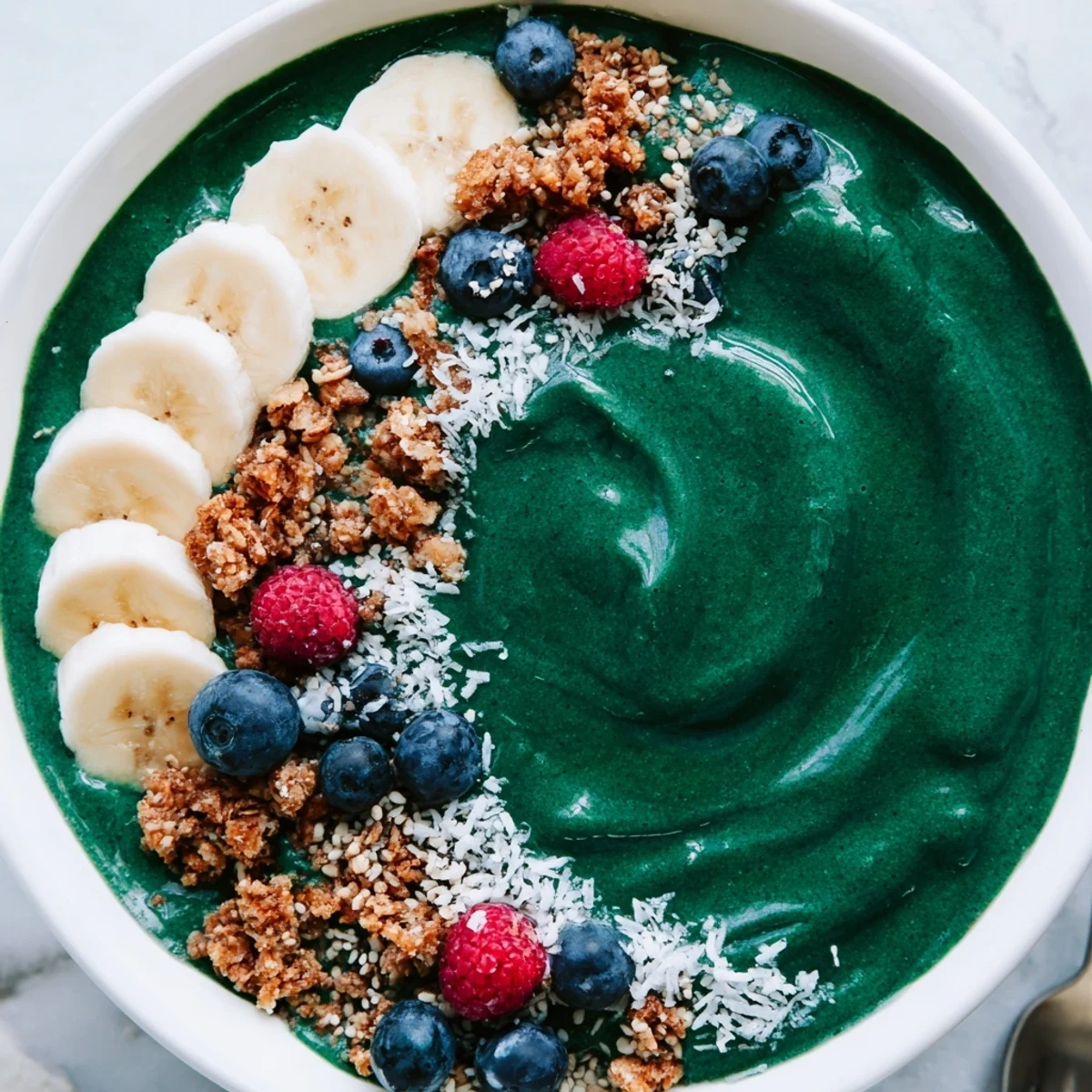 Bright, chilled Green Smoothie Bowl With Spirulina, Banana & Hemp Seeds for breakfast