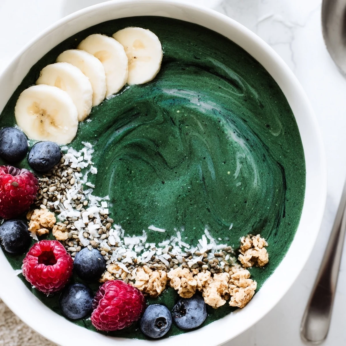 Creamy Green Smoothie Bowl With Spirulina, Banana & Hemp Seeds garnished with berries