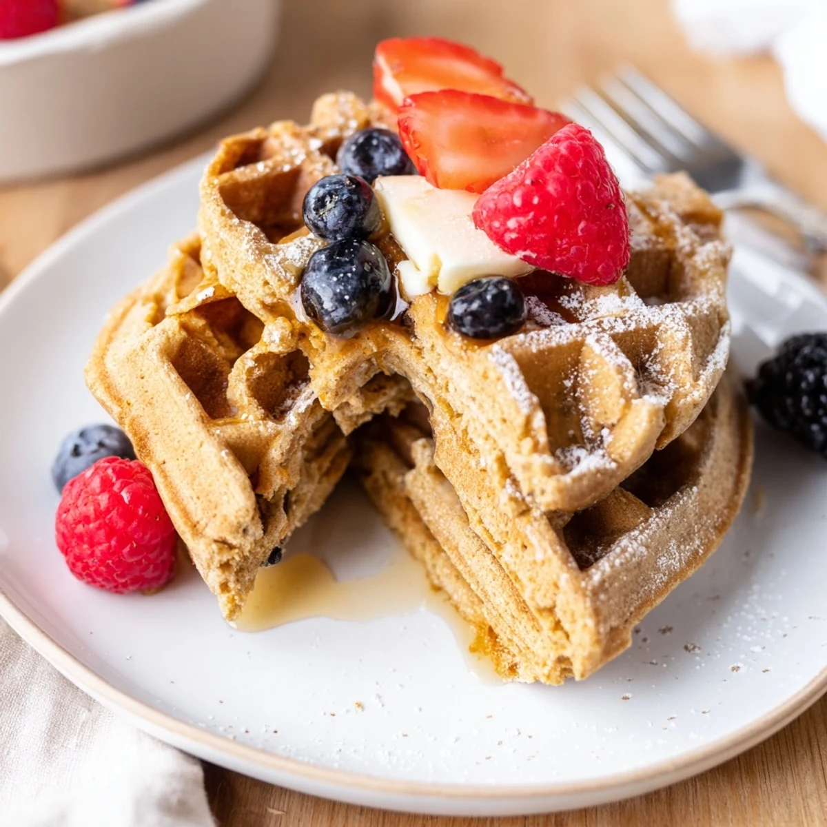 Almond Flour Waffles With Berries, golden crisp exterior and fluffy interior