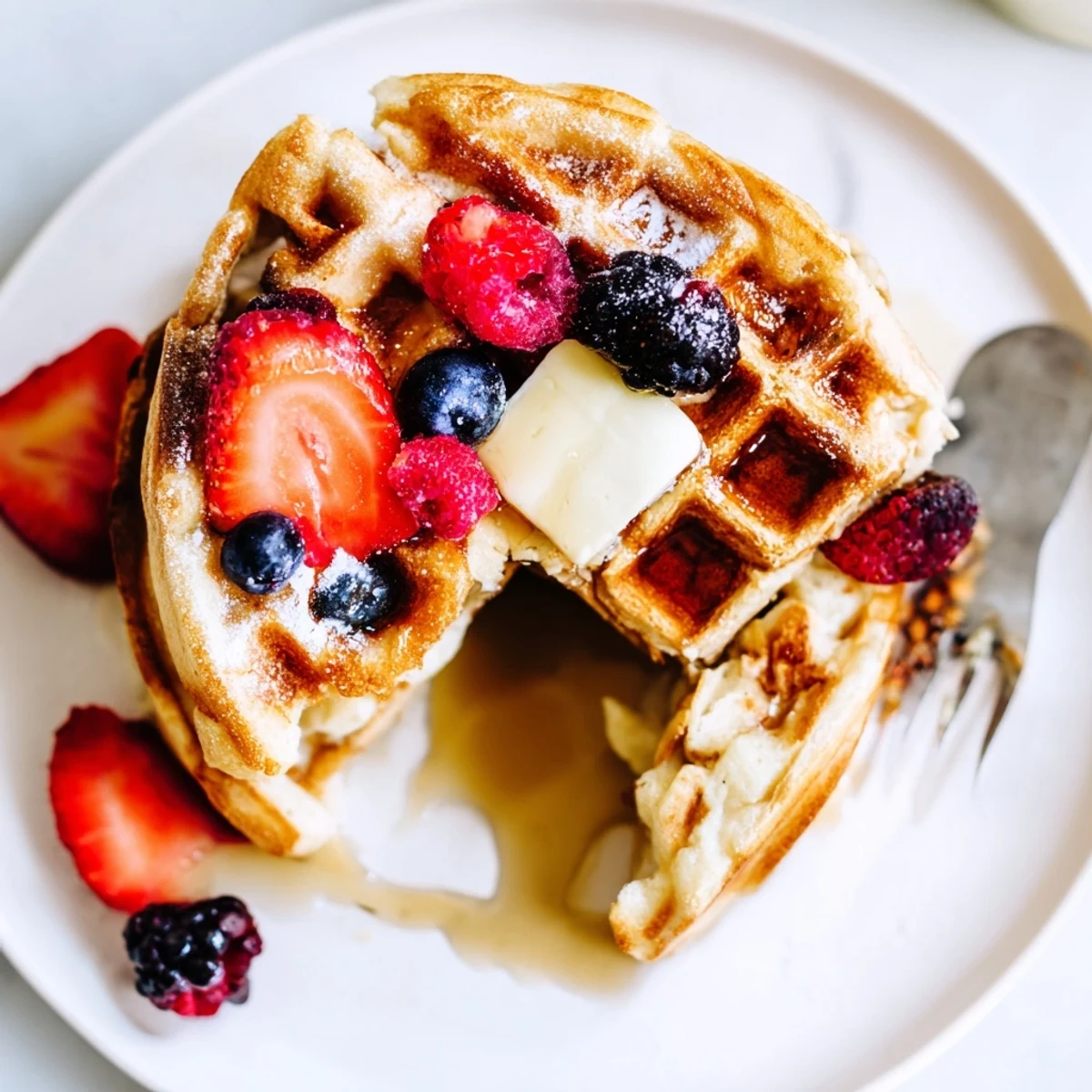 Warm Almond Flour Waffles With Berries stacked on a plate, drizzle of maple syrup