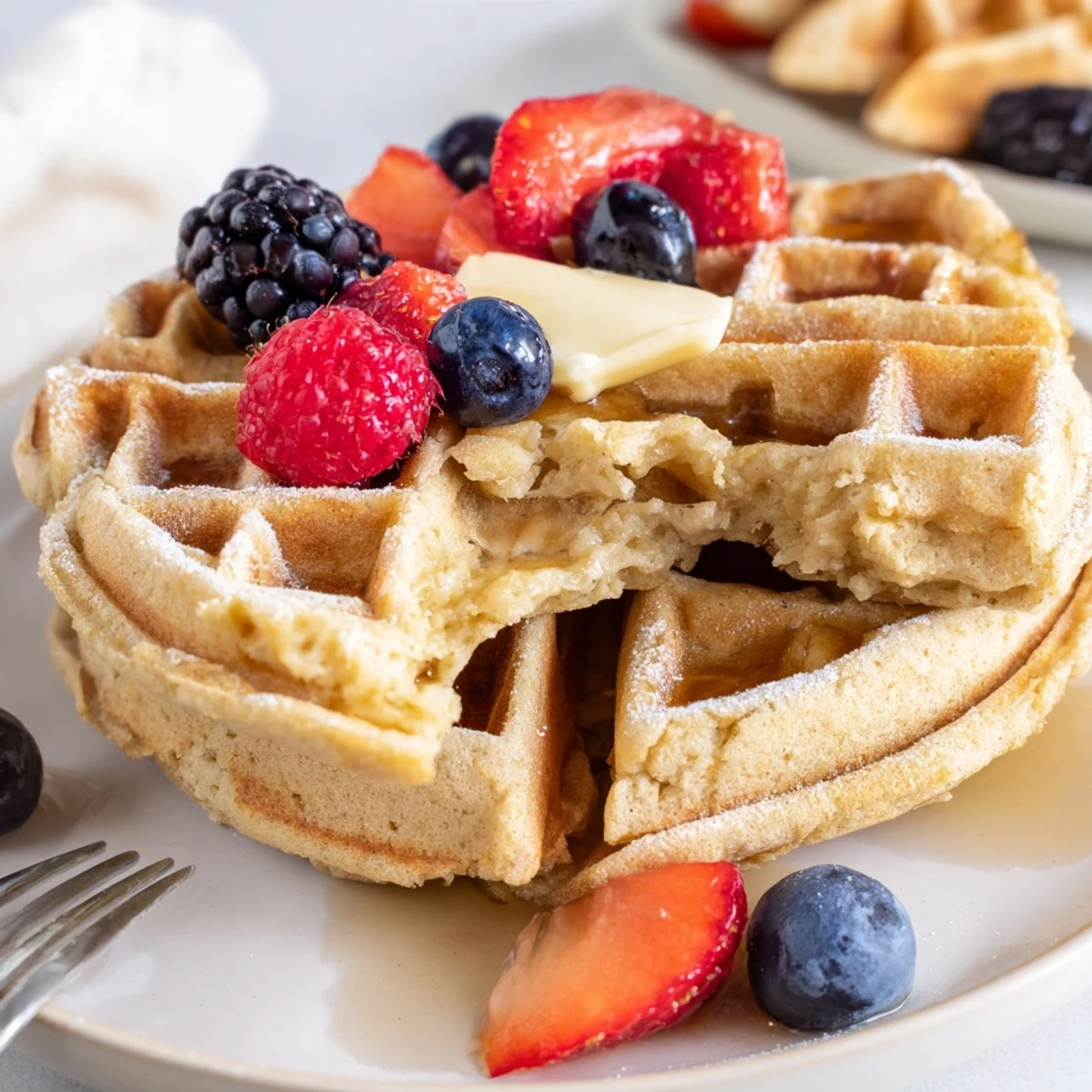 Almond Flour Waffles With Berries served hot with melting butter and lemon zest