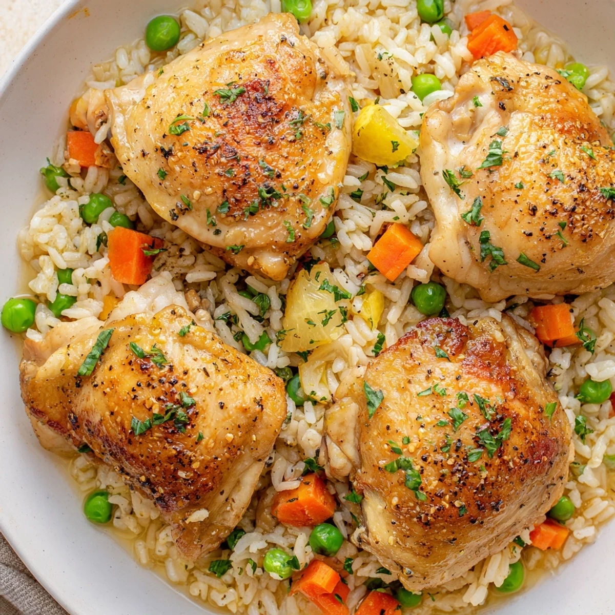Slow Cooker Lemon Herb Chicken And Rice topped with bright parsley, fork fluffed rice