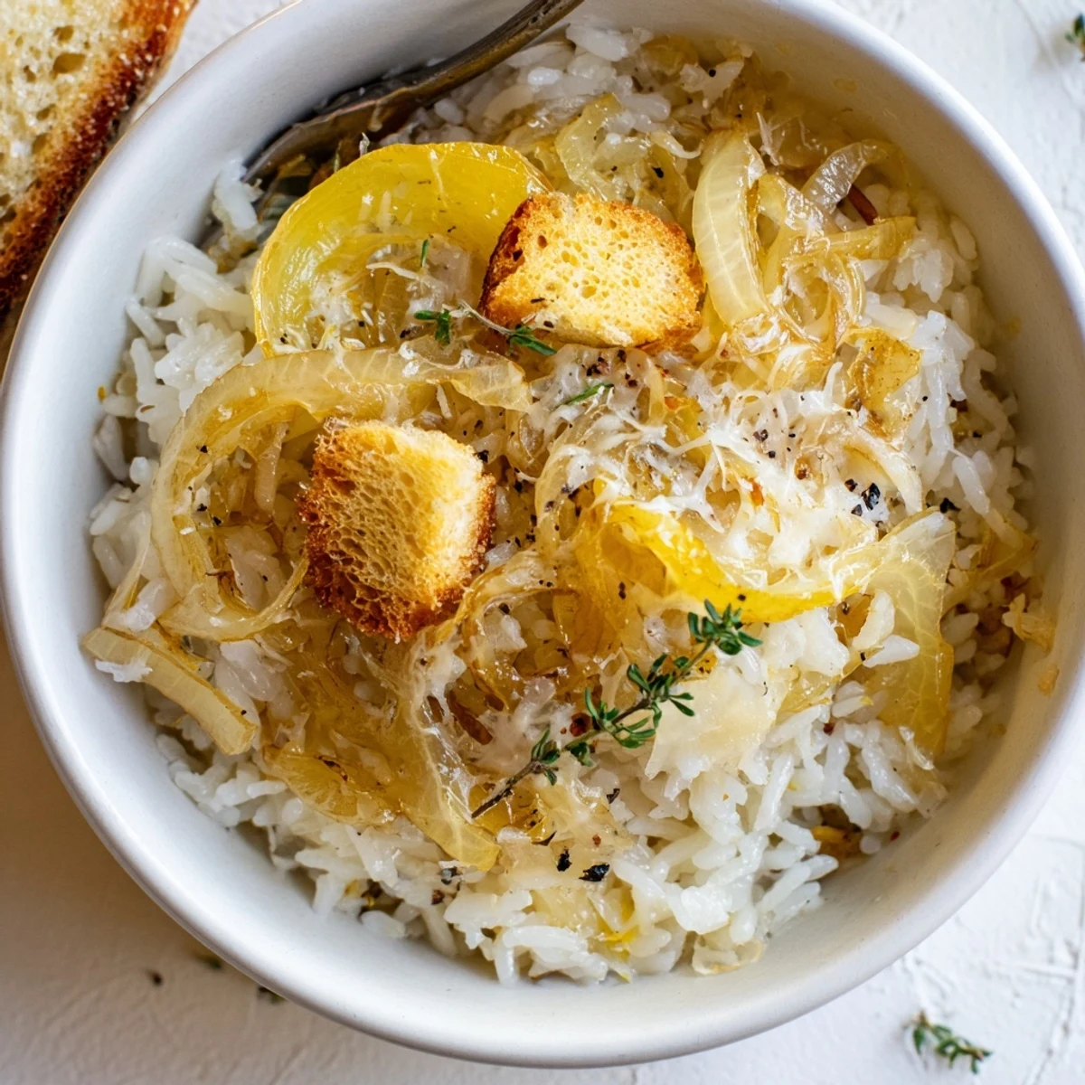 French Onion Soup Rice bubbling with melty Gruyère, caramelized onions, toasted croutons